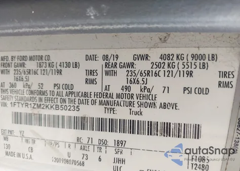 2019 Ford Transit-250 z USA, uszkodzony, nr VIN 1FTYR1ZM2KKB50235